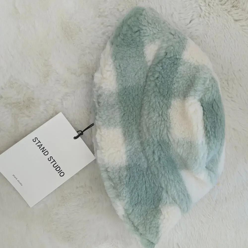 Stand Studio NWT Wera Fuzzy Check Bucket Hat Mint Wool Blend Medium